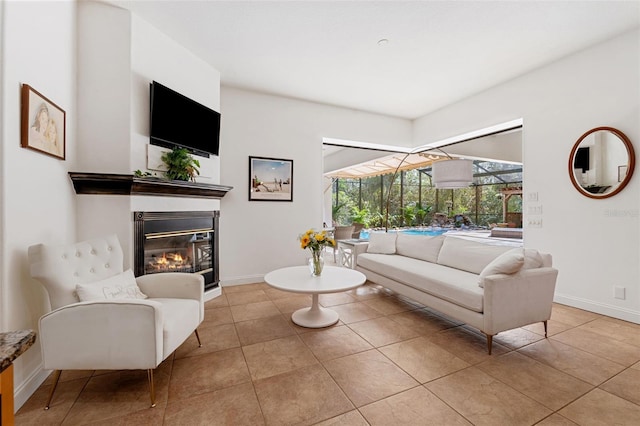 living room featuring light tile patterned flooring