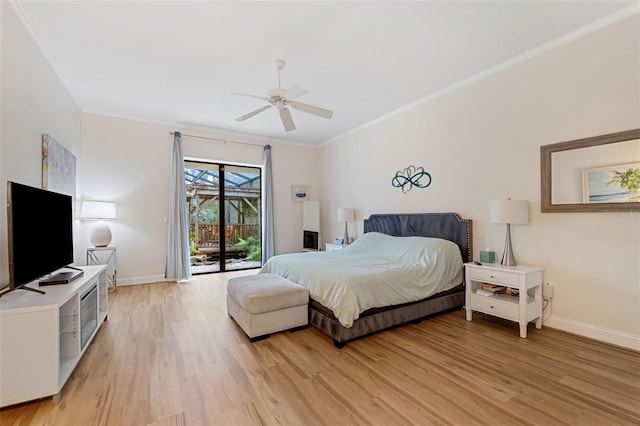 bedroom featuring ornamental molding, access to outside, ceiling fan, and light wood-type flooring