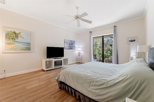 bedroom featuring ornamental molding, light wood-type flooring, ceiling fan, and access to exterior