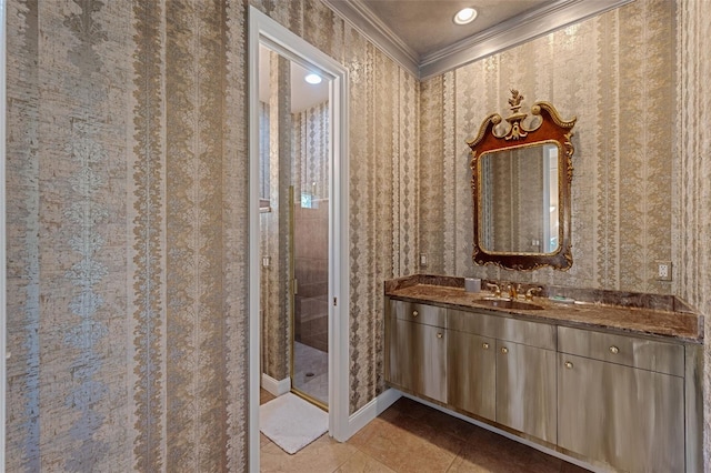 bathroom with vanity, tile patterned floors, and ornamental molding