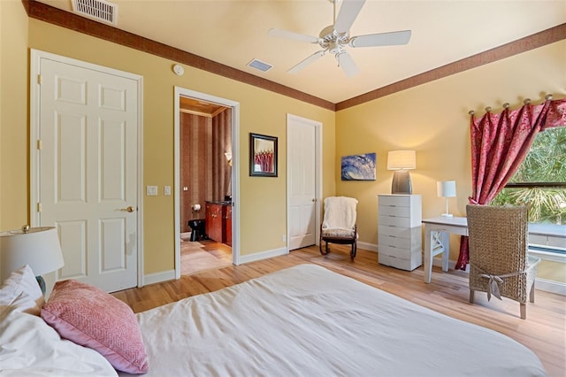 bedroom with light wood-type flooring and ceiling fan