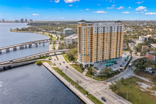 aerial view featuring a water view