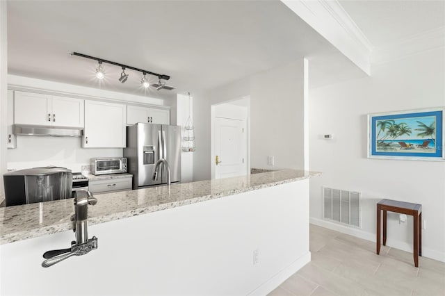 kitchen with stainless steel fridge with ice dispenser, white cabinetry, light stone counters, and ornamental molding