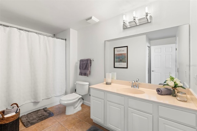 full bathroom with toilet, vanity, shower / bath combination with curtain, and tile patterned flooring