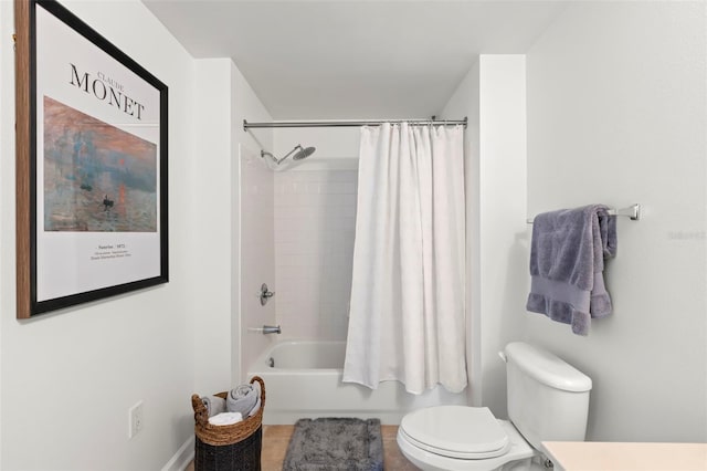 bathroom with tile patterned flooring, toilet, and shower / tub combo with curtain