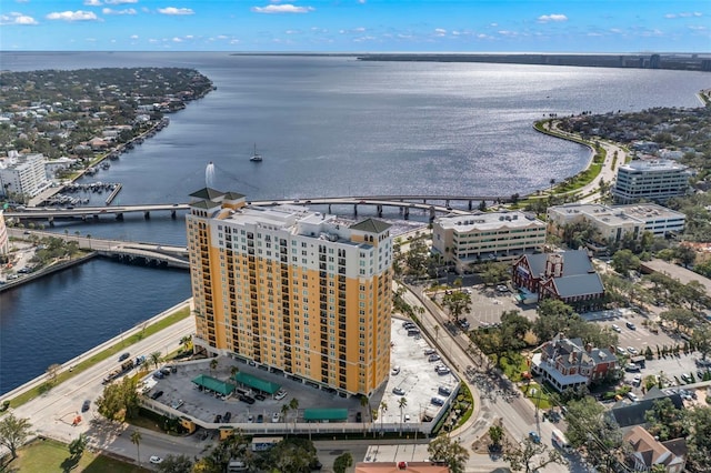 drone / aerial view with a water view