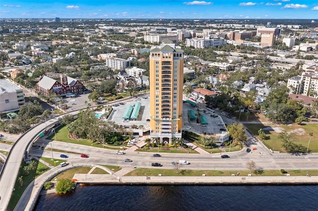 bird's eye view with a water view