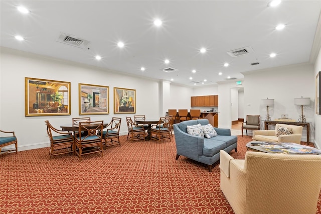 living room with light colored carpet and crown molding