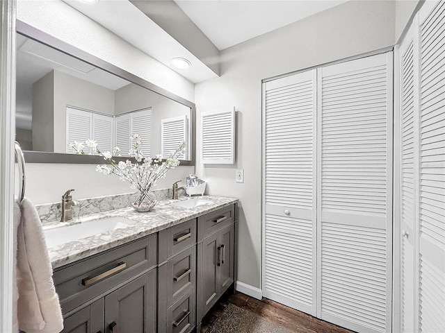 2920 Star Apple Ct, Palm Harbor, FL 34684 - bathroom featuring a closet, double vanity, and baseboards