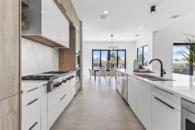 kitchen featuring sink, appliances with stainless steel finishes, white cabinetry, tasteful backsplash, and decorative light fixtures