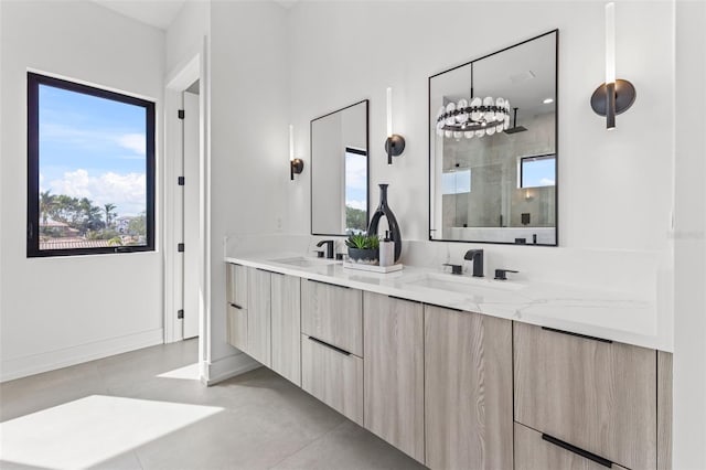 bathroom featuring vanity and walk in shower