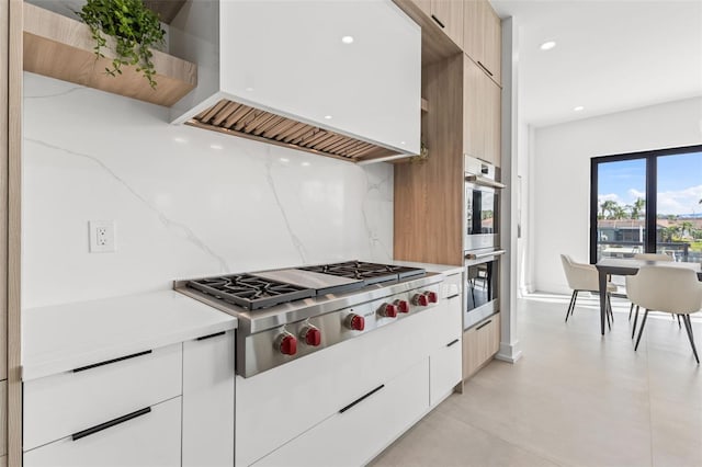 kitchen with tasteful backsplash, modern cabinets, premium range hood, and stainless steel appliances