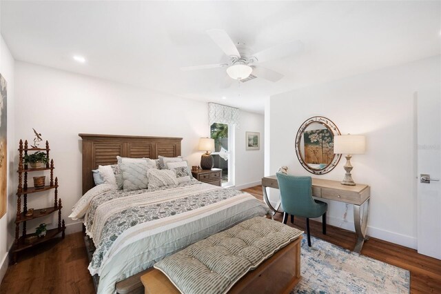 bedroom with ceiling fan, baseboards, wood finished floors, and recessed lighting