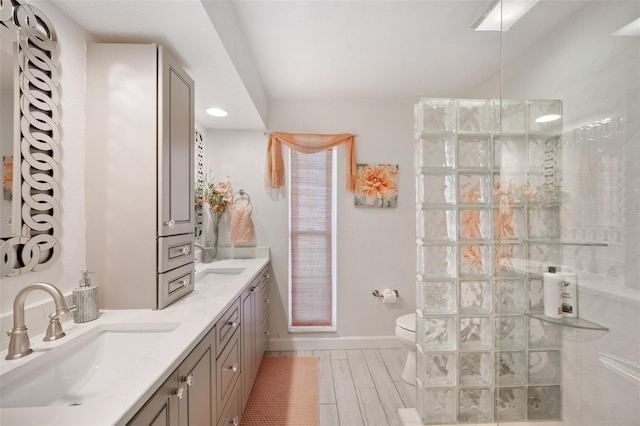 full bath featuring a walk in shower, double vanity, and a sink