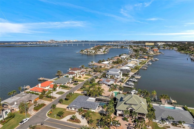 bird's eye view with a water view