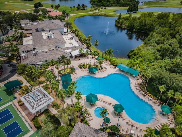 aerial view featuring a water view