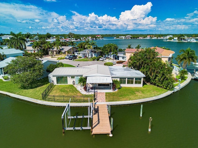 drone / aerial view with a water view