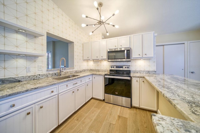 kitchen with white cabinetry, sink, light hardwood / wood-style flooring, decorative backsplash, and appliances with stainless steel finishes