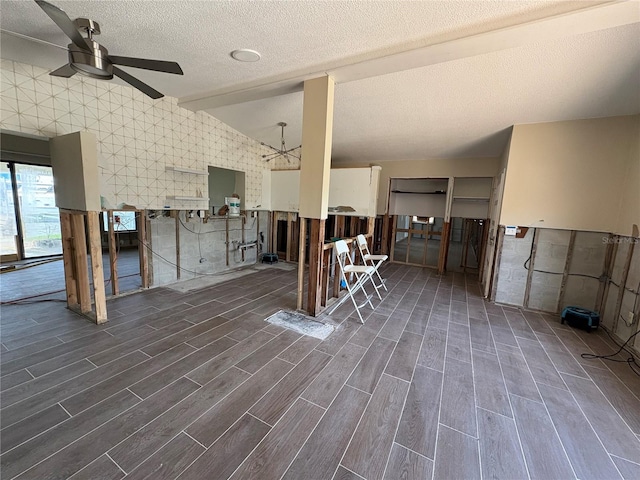 interior space featuring ceiling fan with notable chandelier, dark hardwood / wood-style flooring, and a textured ceiling