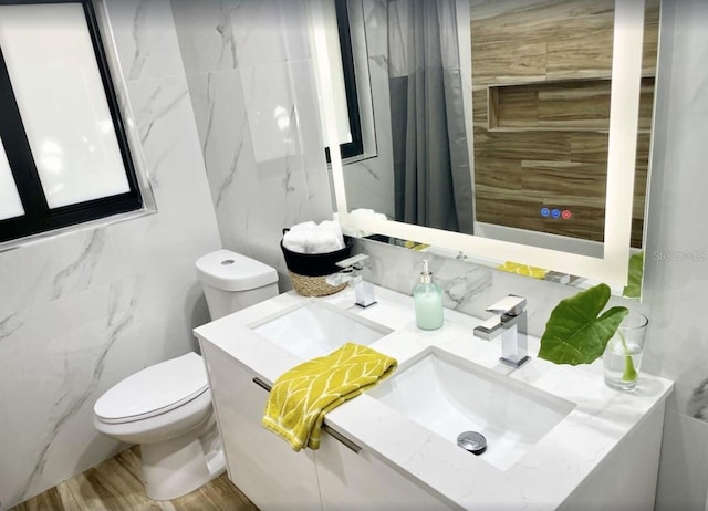 bathroom featuring toilet, vanity, wood-type flooring, and walk in shower