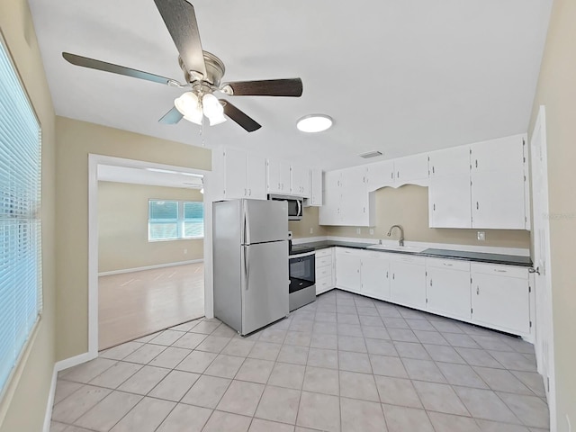 kitchen with white cabinets, ceiling fan, sink, and stainless steel appliances