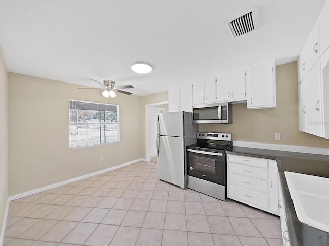 kitchen featuring stainless steel appliances, ceiling fan, sink, white cabinets, and light tile patterned flooring