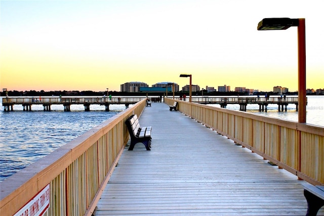 view of dock with a water view