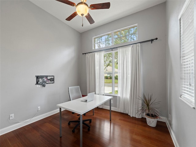 office featuring hardwood / wood-style flooring and ceiling fan