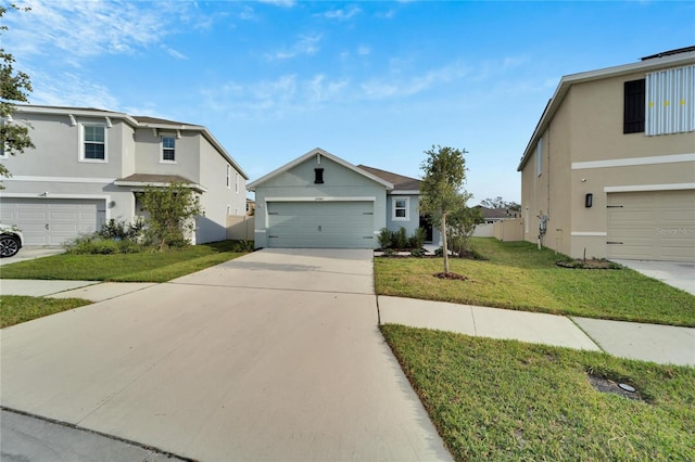 front facade with a front yard and a garage