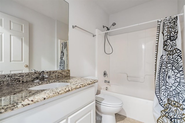 full bathroom featuring vanity, shower / tub combo, and toilet