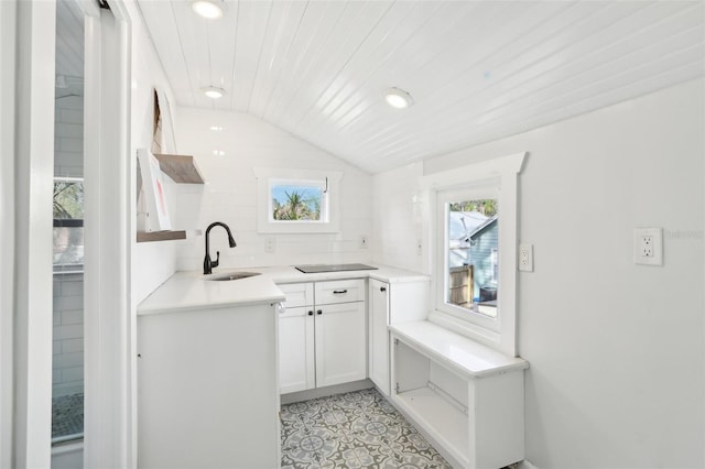 kitchen with white cabinets, lofted ceiling, and sink