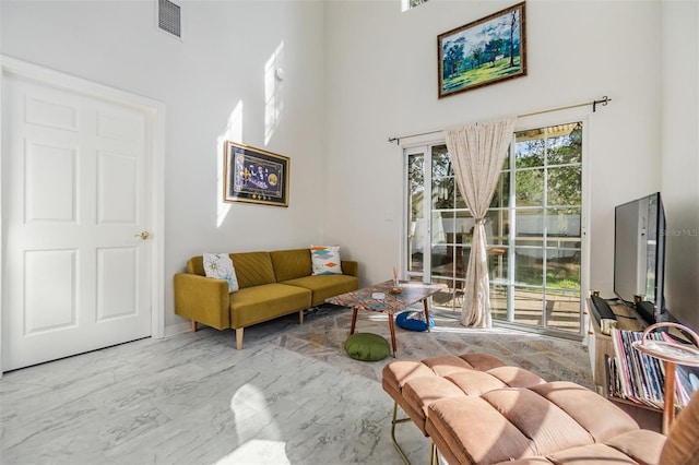 living room featuring a towering ceiling