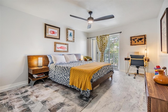 bedroom featuring ceiling fan and access to exterior