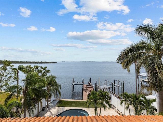 view of dock with a water view