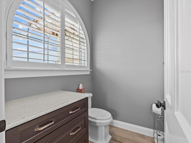 bathroom featuring vanity, wood-type flooring, and toilet