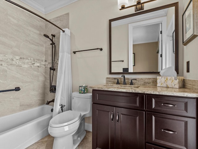 full bathroom featuring shower / bath combination with curtain, toilet, crown molding, and vanity