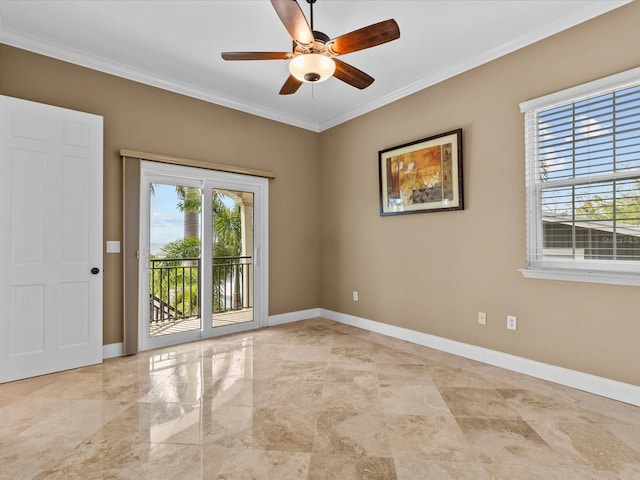 empty room with crown molding and ceiling fan