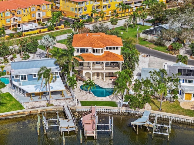 aerial view featuring a water view