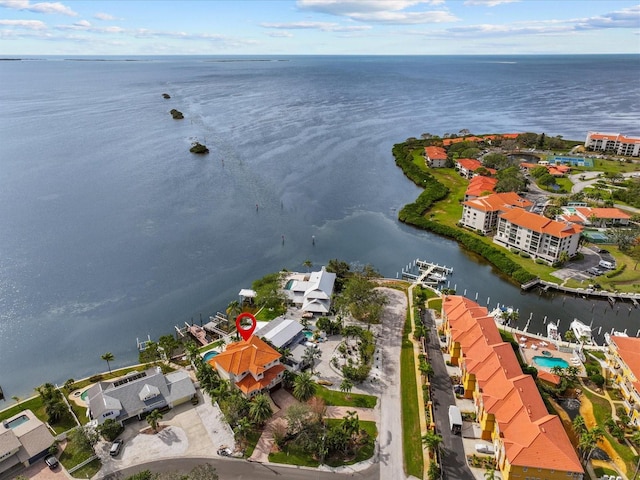 drone / aerial view with a water view