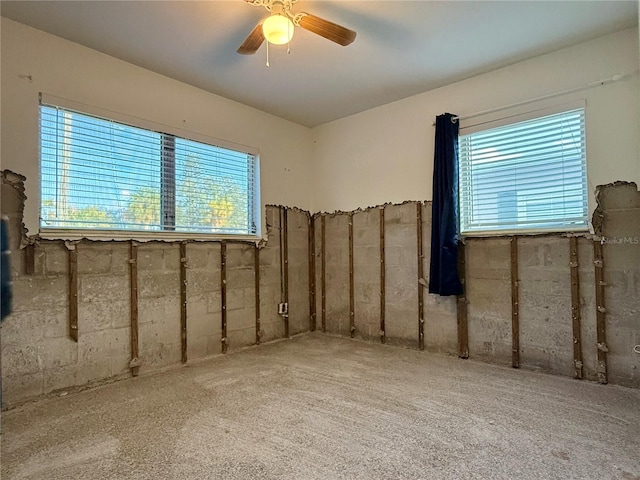 interior space featuring light carpet, a wealth of natural light, and ceiling fan