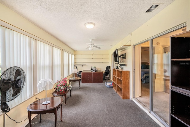 interior space featuring carpet, ceiling fan, and a textured ceiling