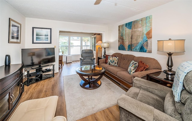 living room featuring light hardwood / wood-style flooring and a textured ceiling