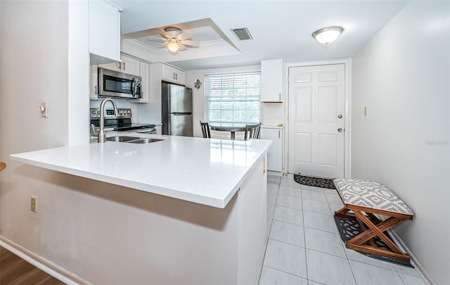 kitchen featuring kitchen peninsula, white cabinets, and stainless steel appliances