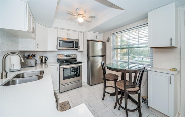 kitchen featuring white cabinetry, sink, appliances with stainless steel finishes, and a tray ceiling