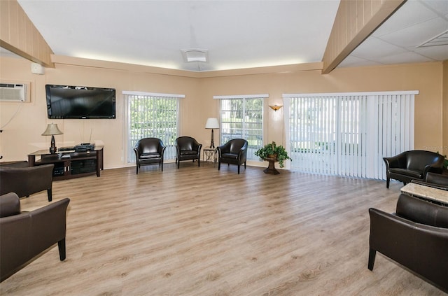 living room featuring light hardwood / wood-style floors and a wall mounted AC