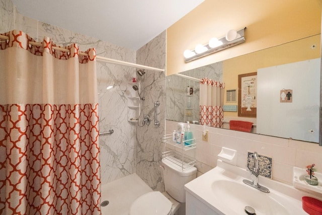 bathroom featuring walk in shower, tile walls, decorative backsplash, and toilet