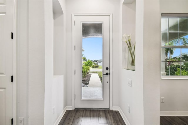 doorway featuring dark wood-type flooring