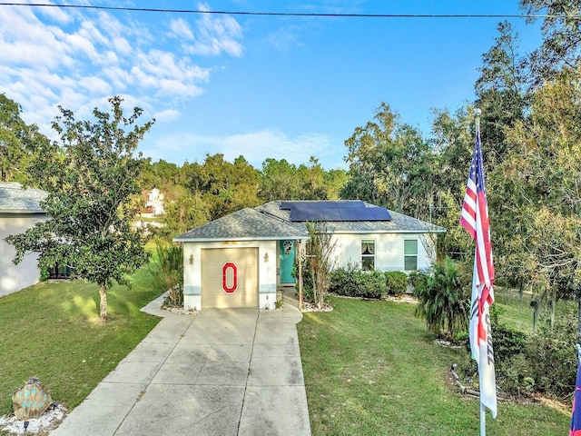 5800 W Spicey Hill Dr, Homosassa, FL 34448 - ranch-style house with stucco siding, roof mounted solar panels, and a front yard