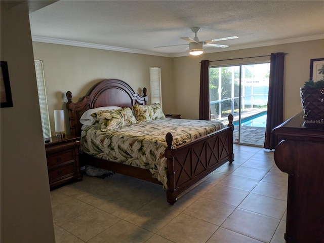 bedroom featuring a textured ceiling, access to outside, ceiling fan, crown molding, and light tile patterned flooring