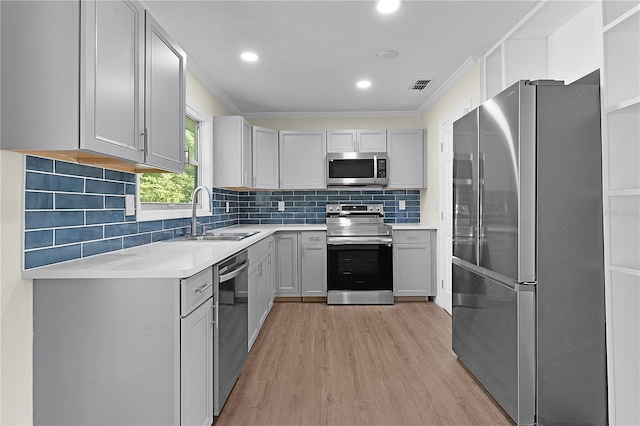 kitchen featuring decorative backsplash, appliances with stainless steel finishes, gray cabinetry, sink, and light hardwood / wood-style floors